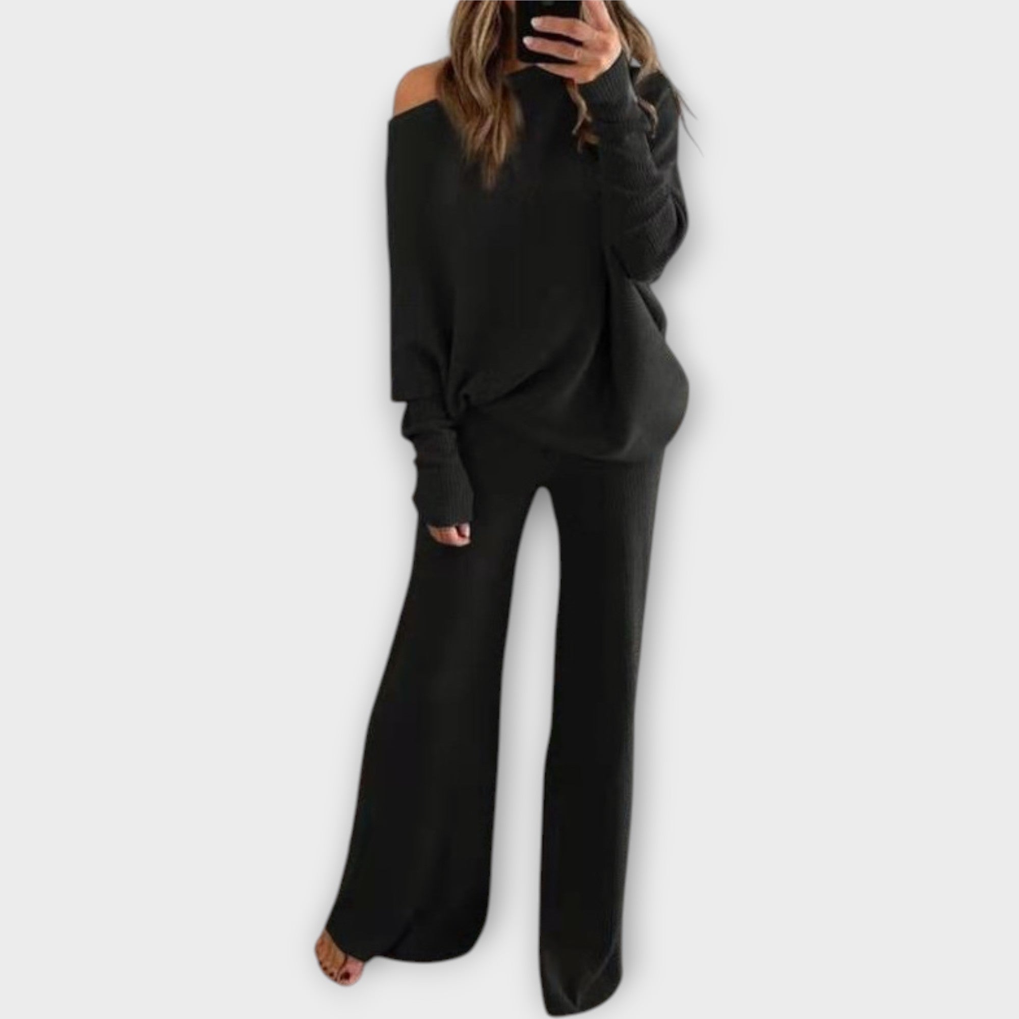 Estelle | Set tricotat cu pantaloni largi și pulover deschis
