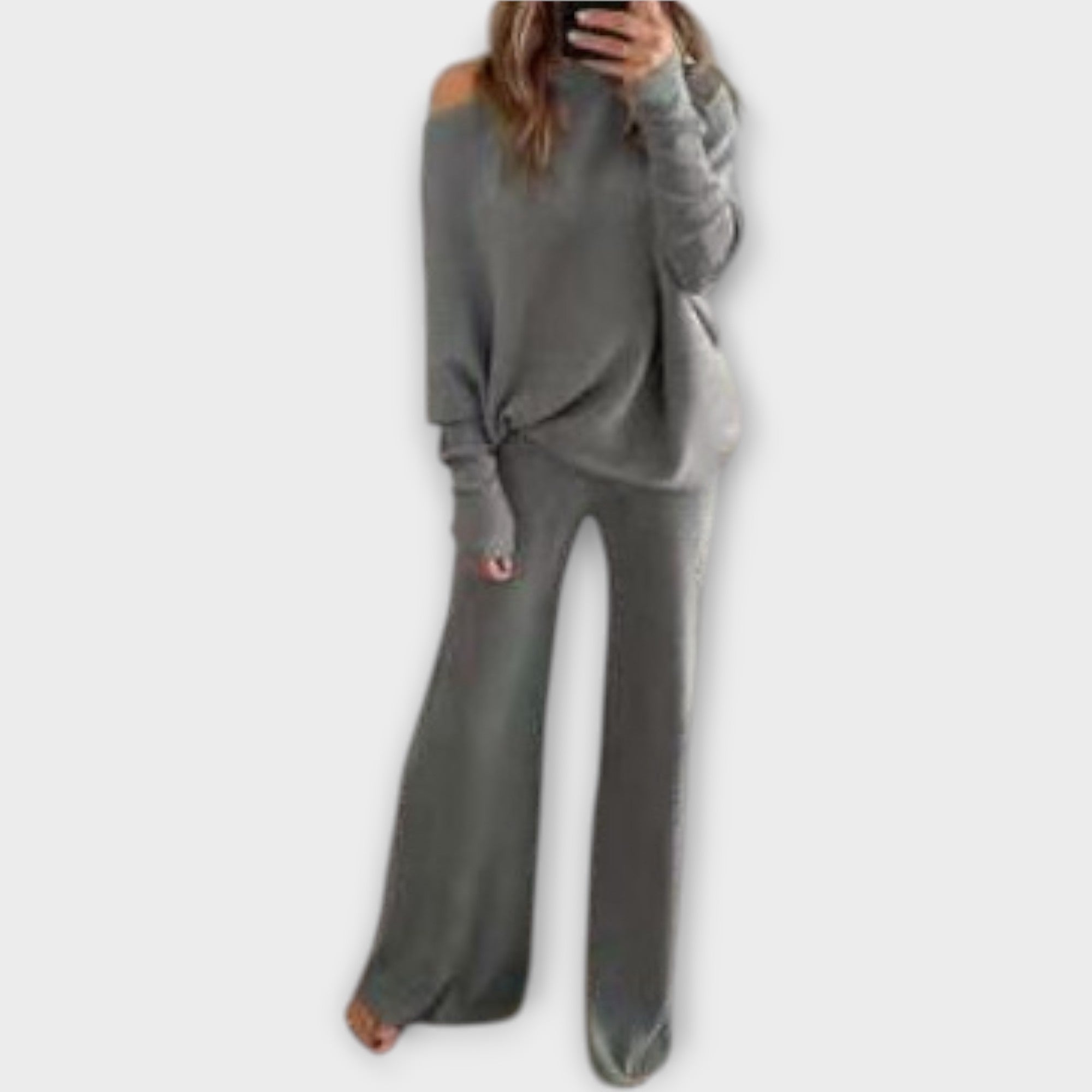 Estelle | Set tricotat cu pantaloni largi și pulover deschis