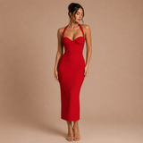Rosa - Rochie midi ajustată cu corselet și bretele halter