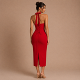 Rosa - Rochie midi ajustată cu corselet și bretele halter