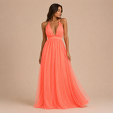 Elisa – Rochie Maxi Coral cu Decolteu Halter și Spate Descoperit
