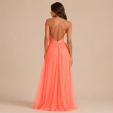 Elisa – Rochie Maxi Coral cu Decolteu Halter și Spate Descoperit