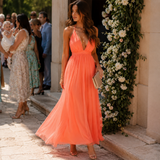 Elisa – Rochie Maxi Coral cu Decolteu Halter și Spate Descoperit