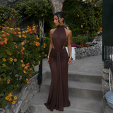 Pilar - Rochie maxi halter cu guler înalt, talie descoperită și siluetă sirenă