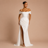 Lorena - Rochie maxi satinată cu umeri descoperiți și fante înaltă
