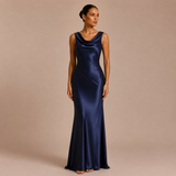 Paula - Rochie maxi satinat cu decolteu în formă de cascadă și siluetă sirenă