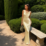 Paula - Rochie maxi satinat cu decolteu în formă de cascade și siluetă sirenă
