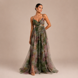Mónica - rochie fluidă din tul drapat cu decolteu încrucișat și fustă vaporoasă