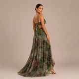 Mónica - rochie fluidă din tul drapat cu decolteu încrucișat și fustă vaporoasă