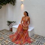 Mónica - rochie fluidă din tul drapat cu decolteu încrucișat și fustă vaporoasă