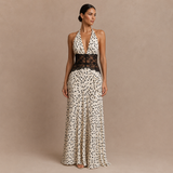 Anita - rochie halter drapată cu talie din dantelă și fustă fluidă cu imprimeu