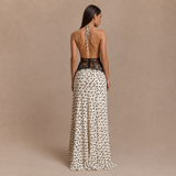 Anita - rochie halter drapată cu talie din dantelă și fustă fluidă cu imprimeu