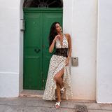 Anita - rochie halter drapată cu talie din dantelă și fustă fluidă cu imprimeu