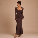 Victoria – rochie lungă în ton de ciocolată cu dantelă