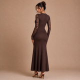 Victoria – rochie lungă în ton de ciocolată cu dantelă