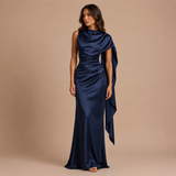 Diana - Rochie maxi satinat cu guler înalt și siluetă ajustată