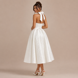 Ángela - Rochie midi halter cu fundă și fustă voluminoasă