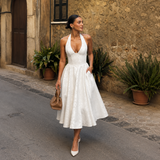 Ángela - Rochie midi halter cu fundă și fustă voluminoasă