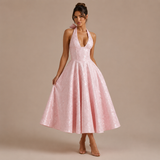 Ángela - Rochie midi halter cu fundă și fustă voluminoasă