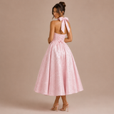 Ángela - Rochie midi halter cu fundă și fustă voluminoasă
