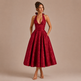 Ángela - Rochie midi halter cu fundă și fustă voluminoasă