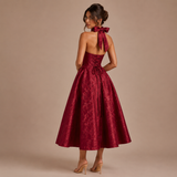 Ángela - Rochie midi halter cu fundă și fustă voluminoasă