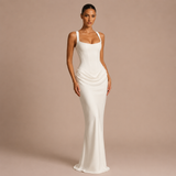 Natalia - Rochie maxi cu corset structurat, bretele late și fustă satinat drapată