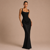 Natalia - Rochie maxi cu corset structurat, bretele late și fustă satinată drapată