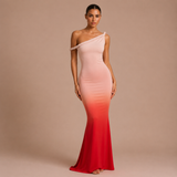 Violeta - Rochie maxi florală cu un umăr și fustă sirenă