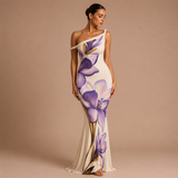 Violeta - Rochie maxi florală cu un umăr și fustă sirenă