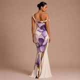 Violeta - Rochie maxi florală cu un umăr și fustă sirenă