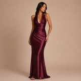 Daniela - Rochie maxi satinat cu decolteu adânc în V și siluetă de sirenă