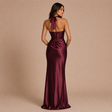 Daniela - Rochie maxi satinat cu decolteu adânc în V și siluetă de sirenă