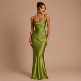 Elena - Rochie maxi satinat cu bretele late și siluetă sirenă
