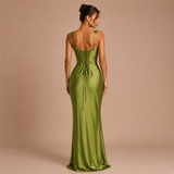 Elena - Rochie maxi satinat cu bretele late și siluetă sirenă