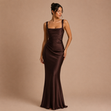 Elena - Rochie maxi satinat cu bretele late și siluetă sirenă