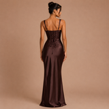 Elena - Rochie maxi satinat cu bretele late și siluetă sirenă