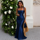 Elena - Rochie maxi satinat cu bretele late și siluetă sirenă