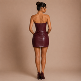 Beatriz - Rochie mini fără bretele din piele cu corset structurat și fustă drapată