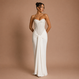 Sofía - Rochie maxi fără bretele cu corset brodat cu pietre și fustă drapată