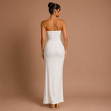 Sofía - Rochie maxi fără bretele cu corset brodat cu pietre și fustă drapată