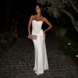 Sofía - Rochie maxi fără bretele cu corset brodat cu pietre și fustă drapată