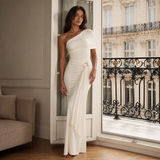 Zaira - Rochie lungă asimetrică drapată cu detaliu auriu la talie