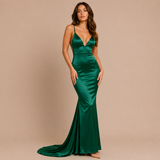 Nerea - Rochie maxi satinat cu decolteu în V și siluetă sirenă