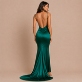 Nerea - Rochie maxi satinat cu decolteu în V și siluetă sirenă