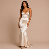 Nerea - Rochie maxi satinat cu decolteu în V și siluetă sirenă