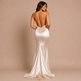 Nerea - Rochie maxi satinat cu decolteu în V și siluetă sirenă