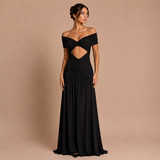 Nadia - Rochie maxi cu umeri căzuți, nod frontal, talie descoperită și fustă fluidă