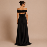 Nadia - Rochie maxi cu umeri căzuți, nod frontal, talie descoperită și fustă fluidă