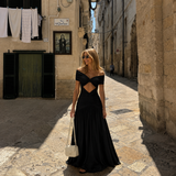 Nadia - Rochie maxi cu umeri căzuți, nod frontal, talie descoperită și fustă fluidă